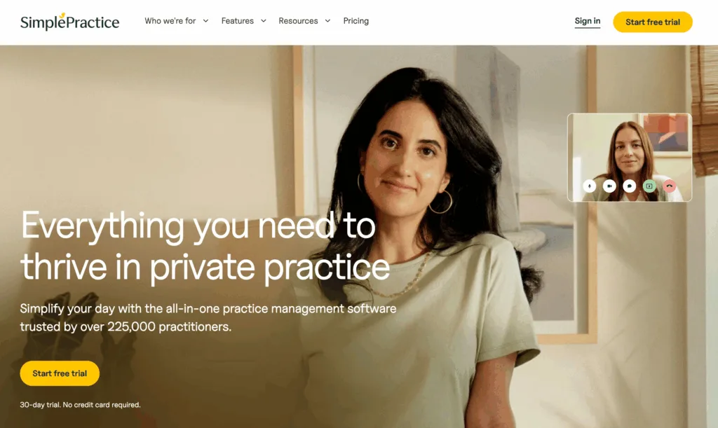 SimplePractice EHR dashboard overview for therapists