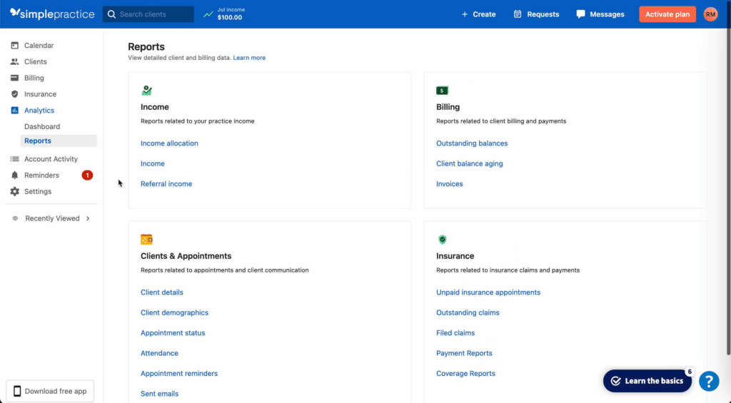 SimplePractice client portal interface