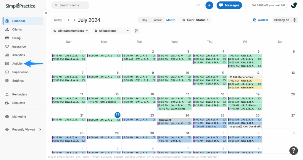 SimplePractice scheduling and calendar view