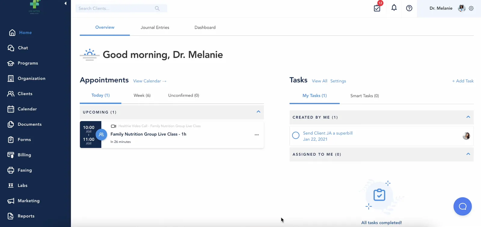Healthie EHR dashboard overview for therapists