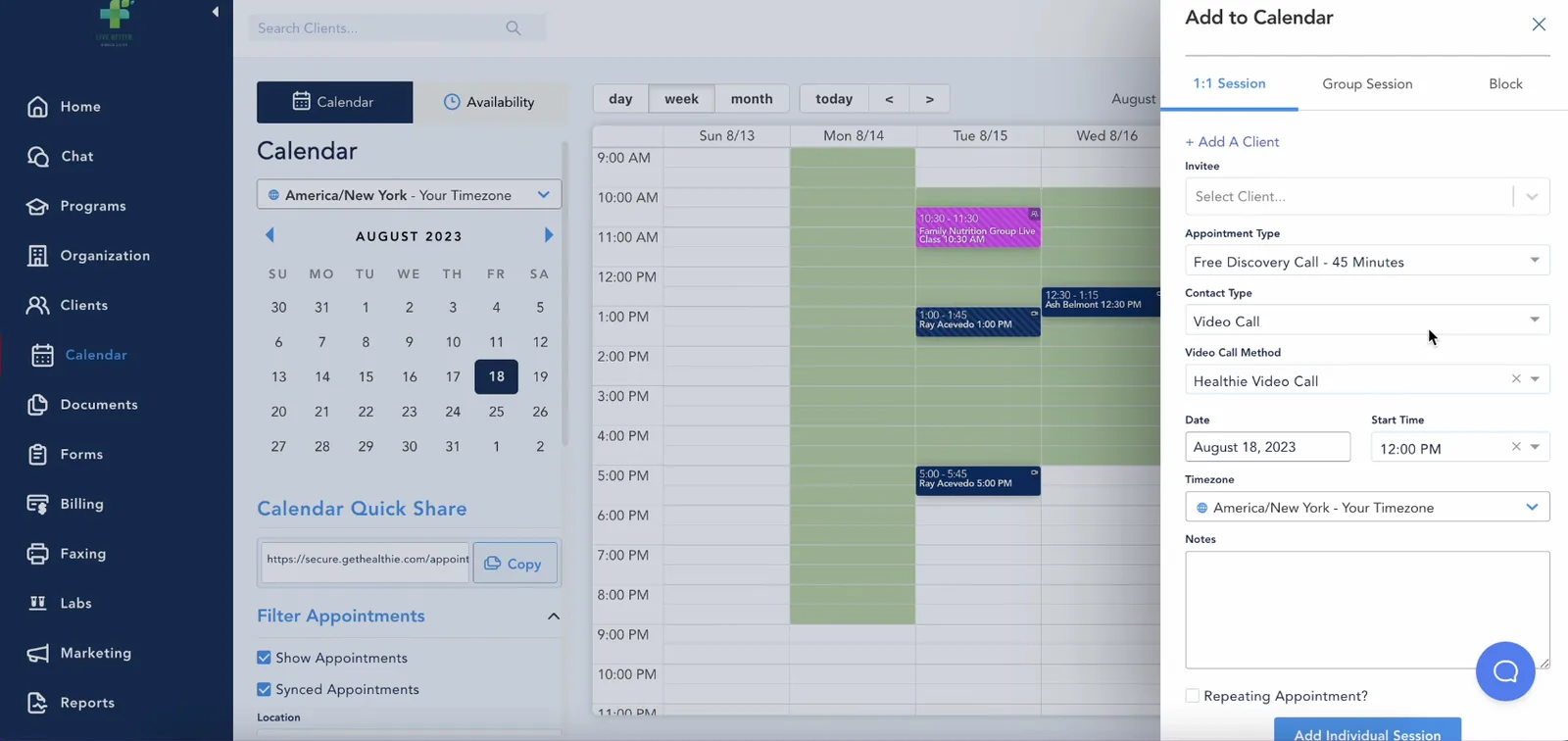 Healthie EHR scheduling and calendar view