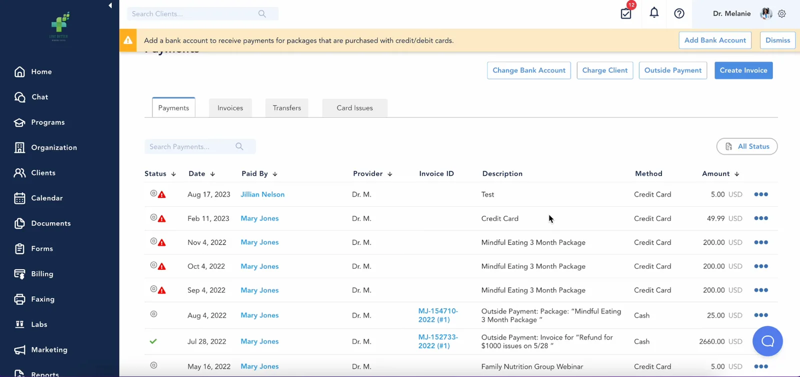Healthie EHR client management interface