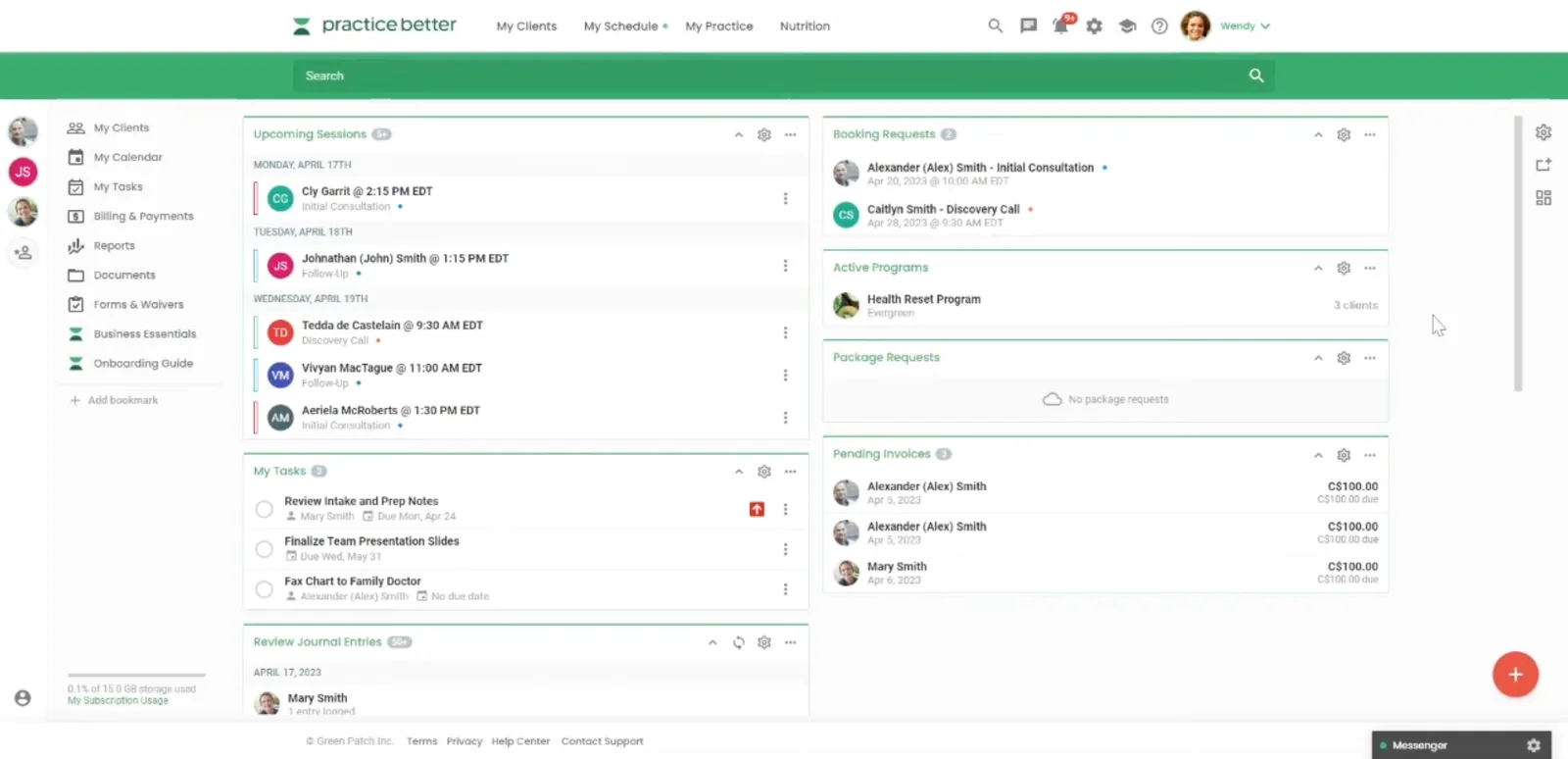 Practice Better dashboard overview