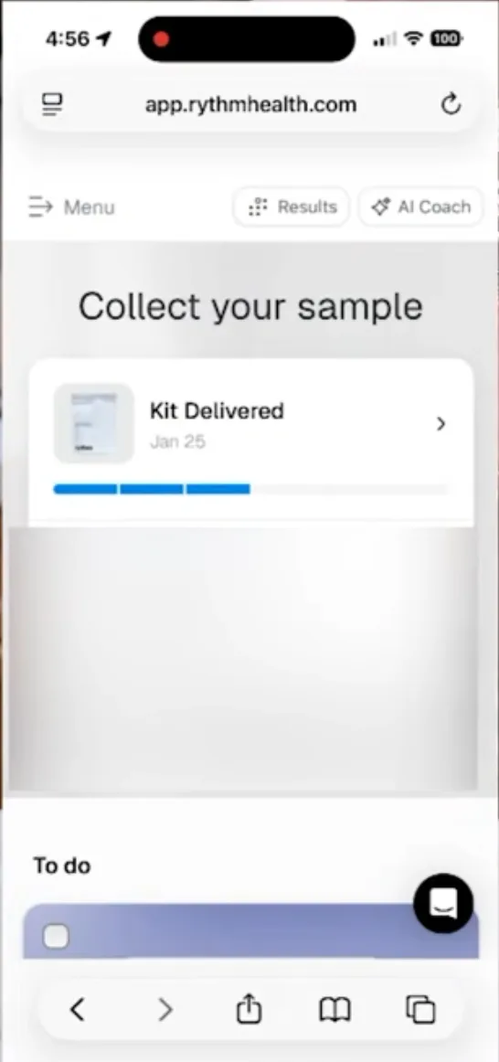 Rythm Health app home screen showing a Collect your sample prompt and a Kit Delivered status card