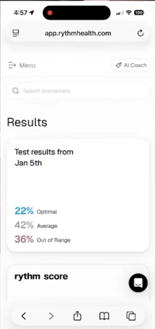 Rythm Health results screen showing 22 percent optimal, 42 percent average and 36 percent out of range, above the rythm score card