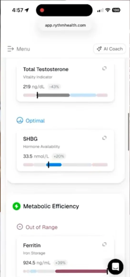 Rythm Health showing SHBG at 33.5 nmol per litre marked optimal, above a metabolic efficiency section