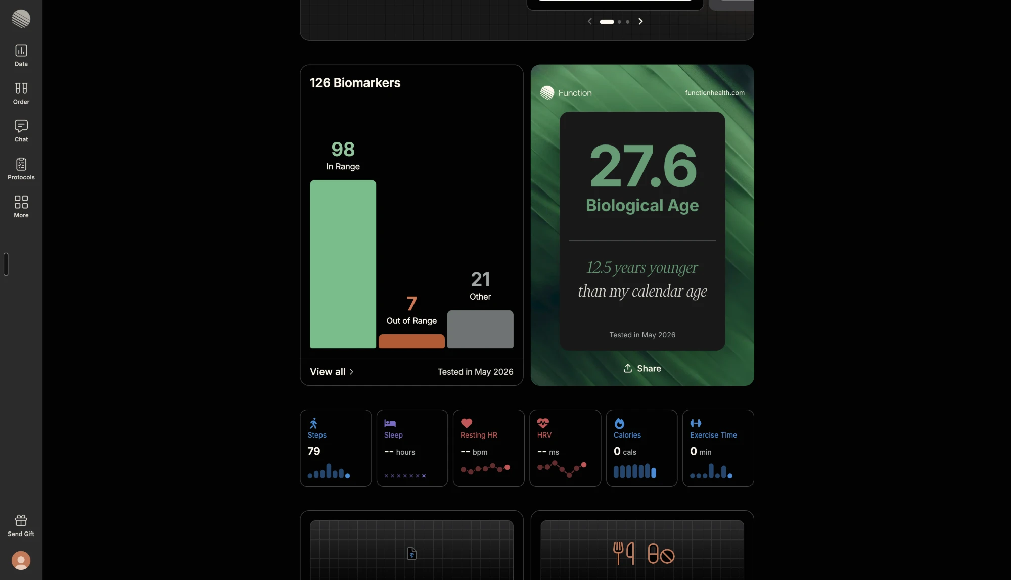 Function Health dashboard showing 126 biomarkers tested, 98 in range and 7 out of range, beside a biological age card