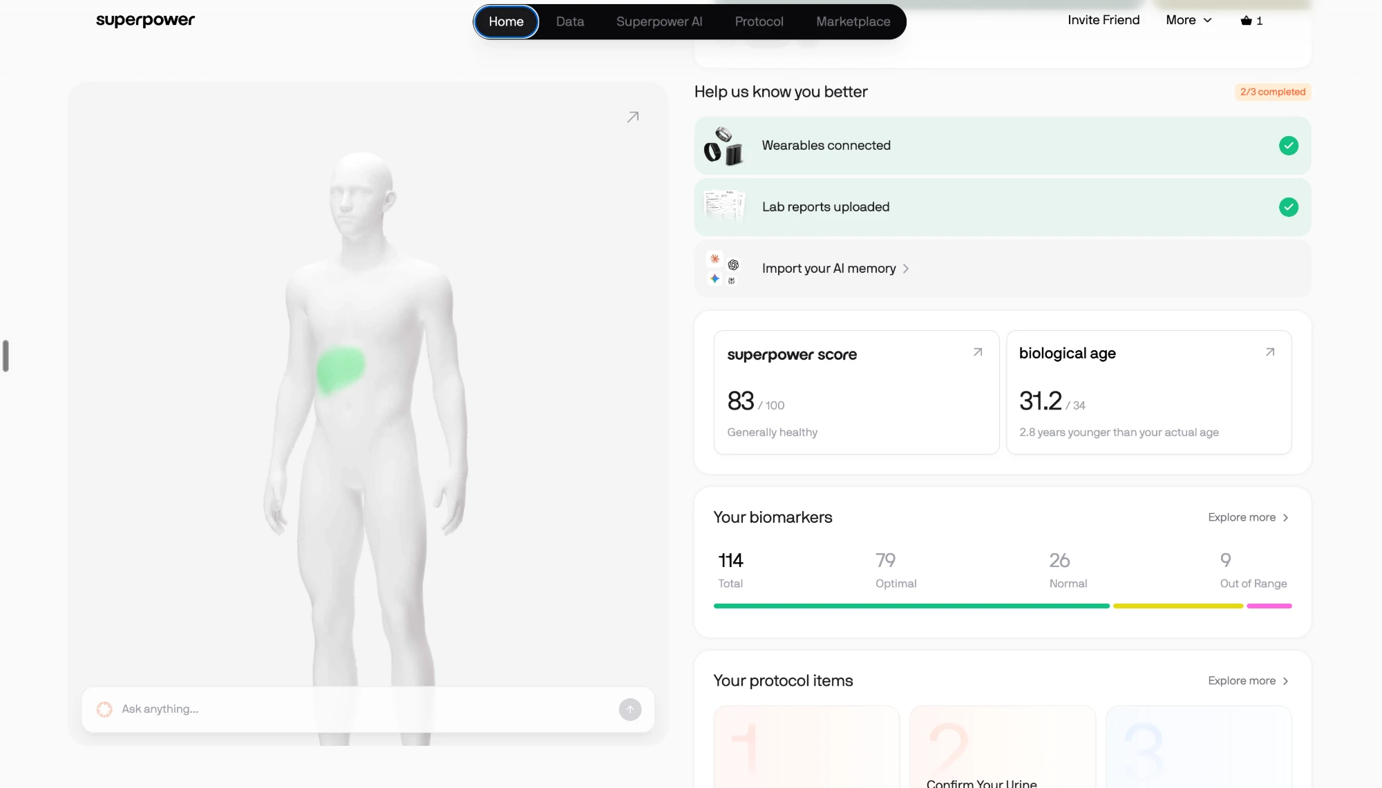 Superpower home dashboard showing a superpower score of 83 out of 100, a biological age of 31.2 and 114 biomarkers with 9 out of range