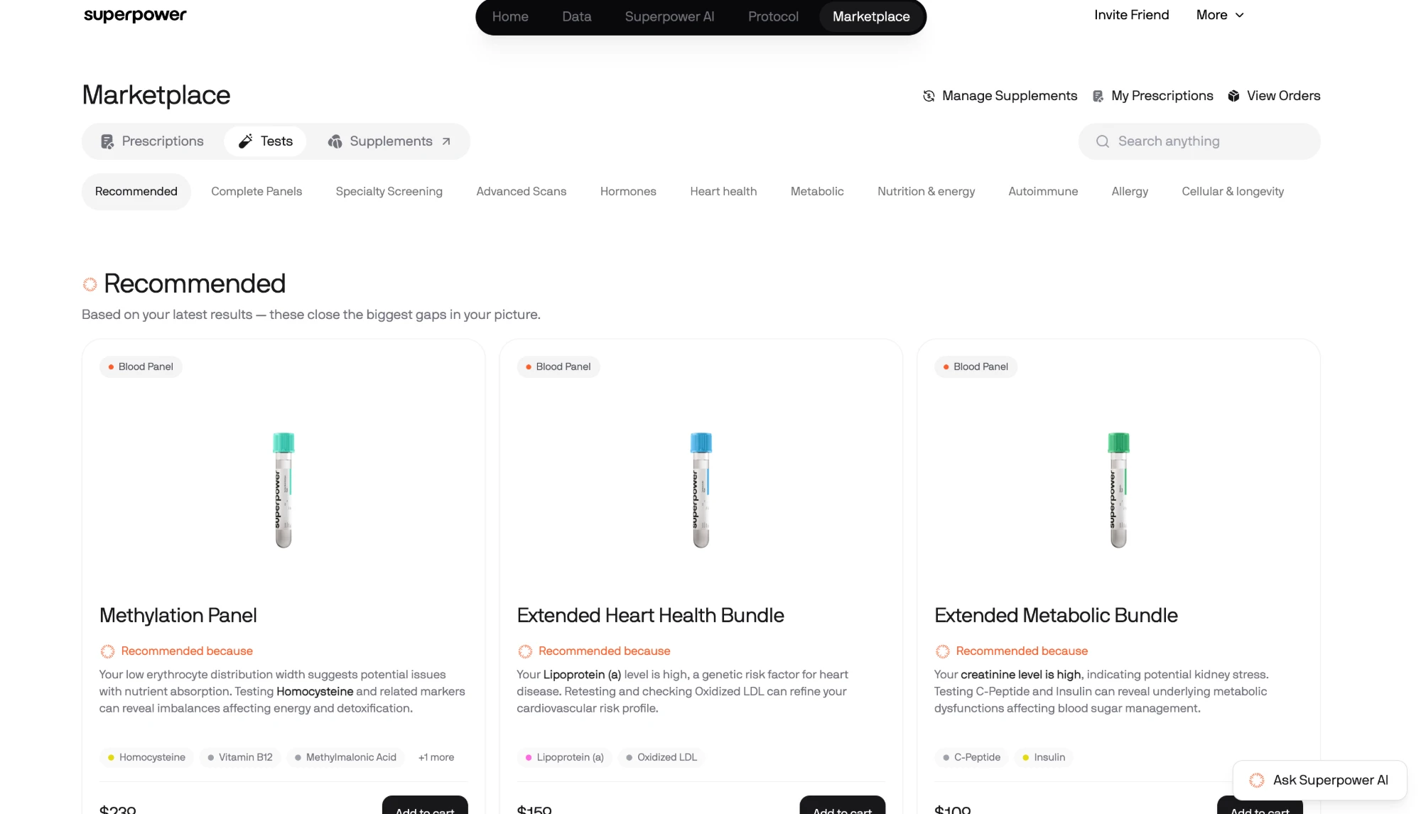 Superpower marketplace showing recommended blood panels, each with the finding that prompted it and its price