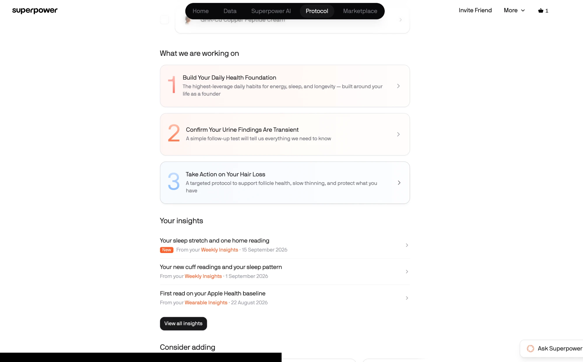 Superpower protocol page listing the three things the service is working on, above a feed of weekly insights