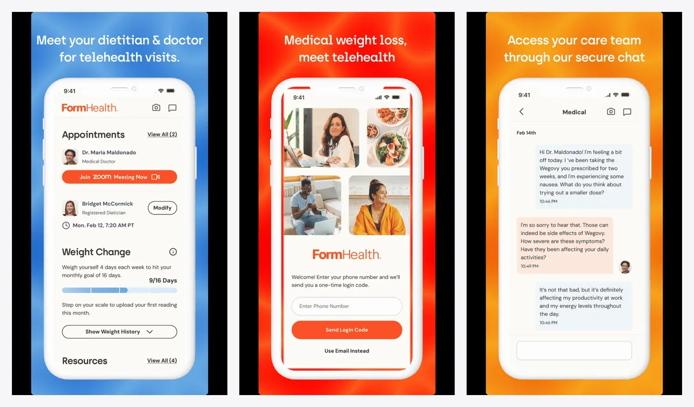 Form Health app screens: video visits with the dietitian and doctor, weight-change tracking and the care team chat