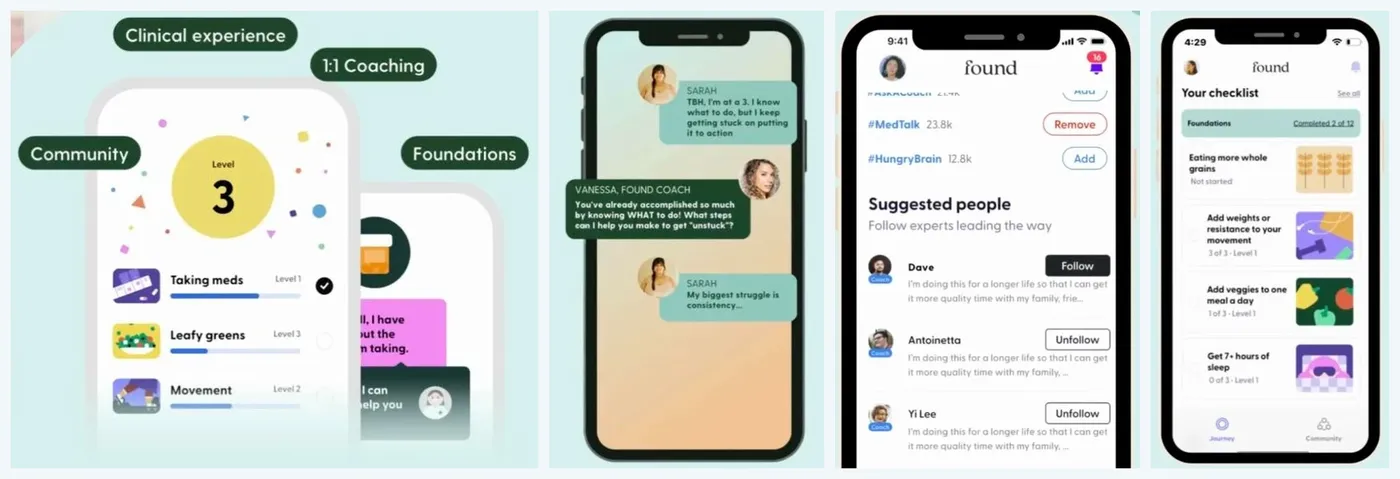 Found app screens: the program levels for medication, eating and movement habits, a chat with a Found coach, the community feed with coaches to follow, and the weekly habit checklist