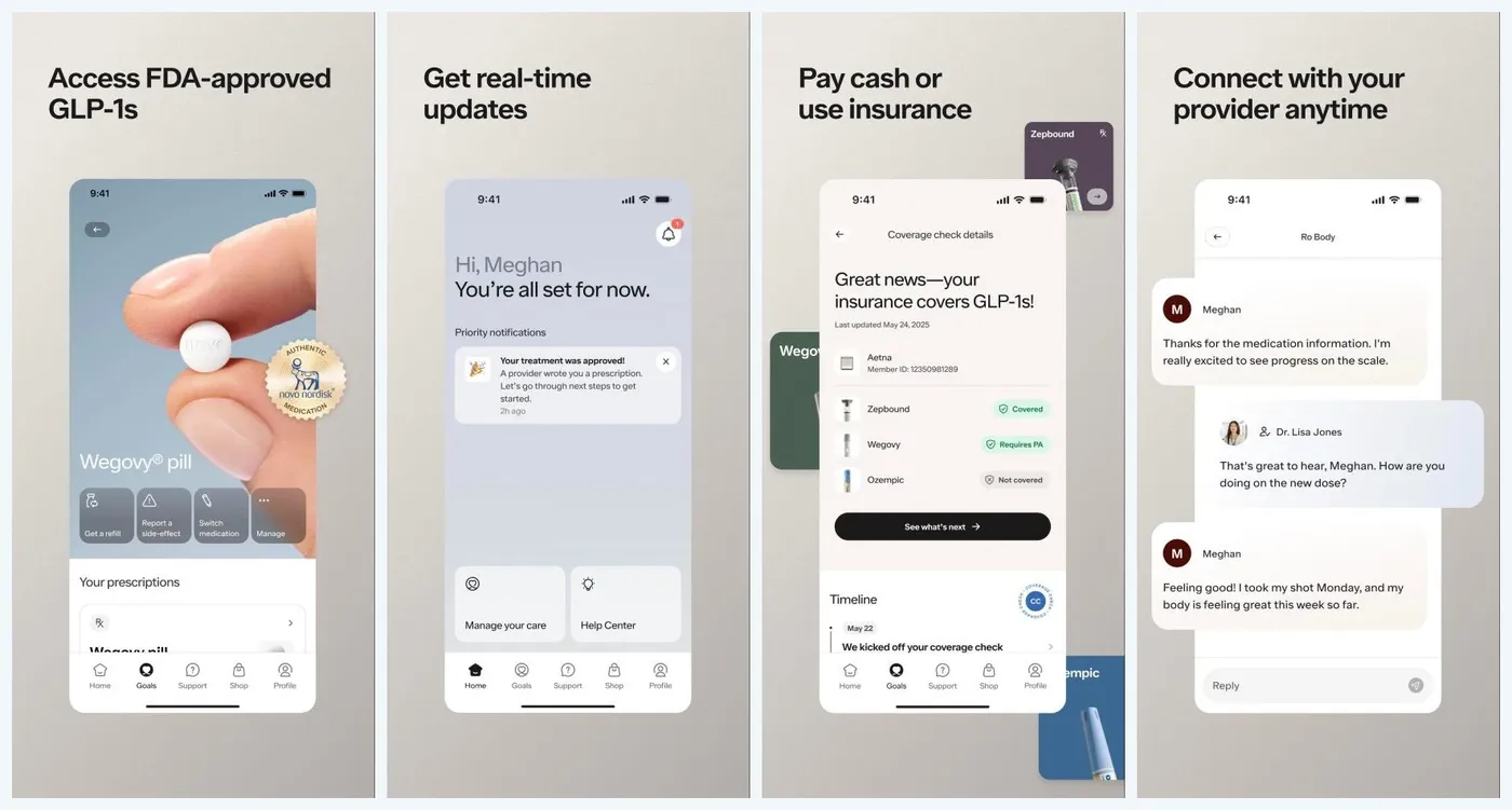 Ro app screens: GLP-1 prescriptions with refill and dose options, the home screen after a treatment is approved, an insurance coverage check showing which GLP-1s are covered, and a chat with a Ro provider
