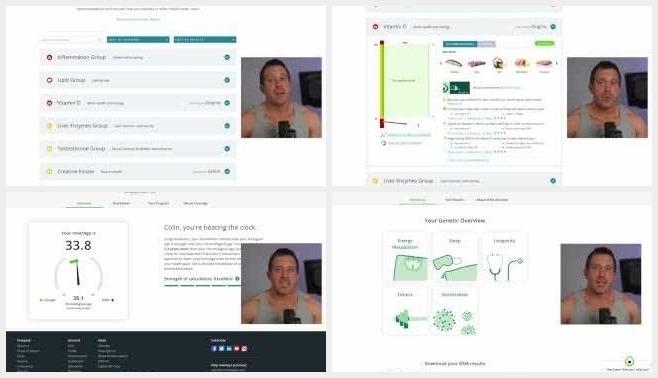 Four stills from Connect The Watts' InsideTracker review: the biomarker group list, a vitamin D page with food recommendations, the InnerAge score of 33.8, and the genetic overview