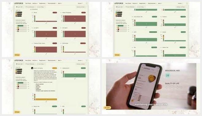 Four stills from Alt Protein's Lifeforce review: the results dashboard with markers flagged in red, a panel of in-range markers, a single marker's detail page, and the app on a phone