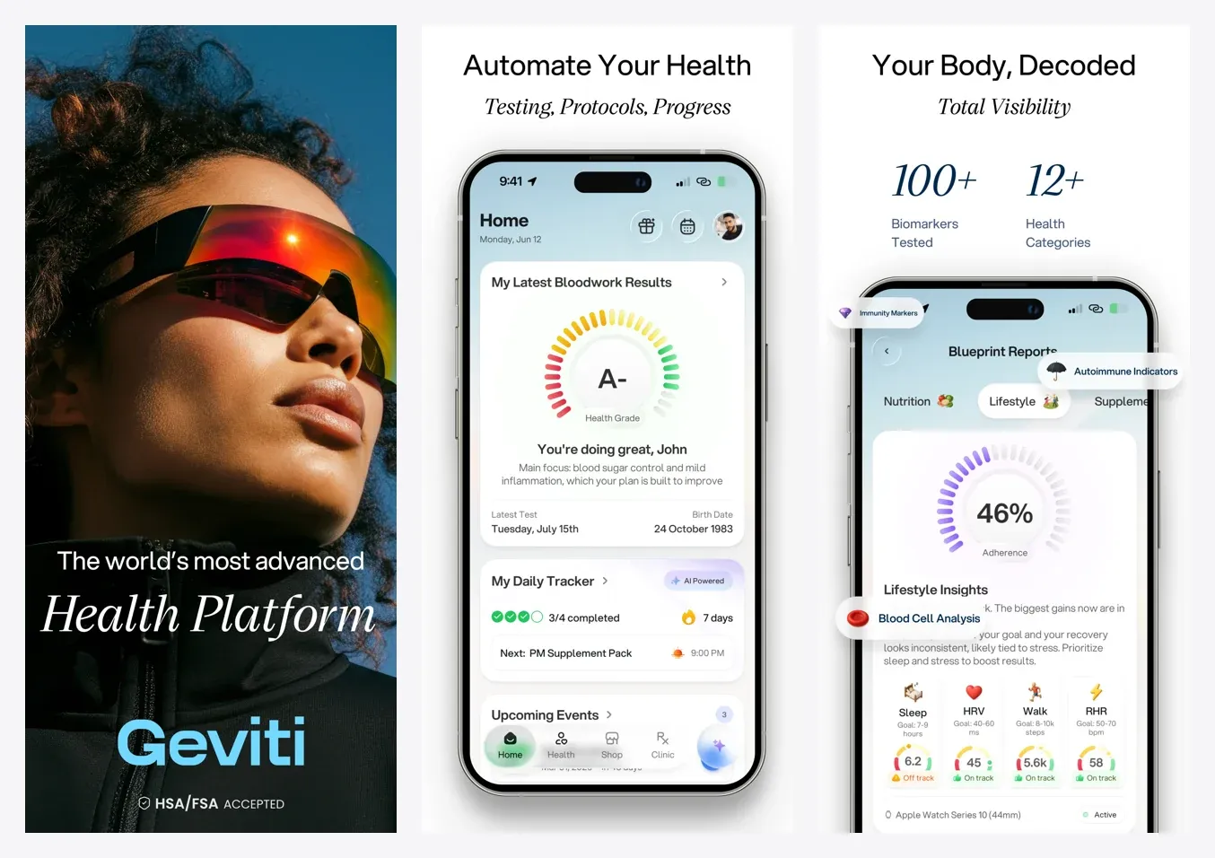 Geviti app screens: the home dashboard with an overall health grade, and the biomarker report across twelve health categories