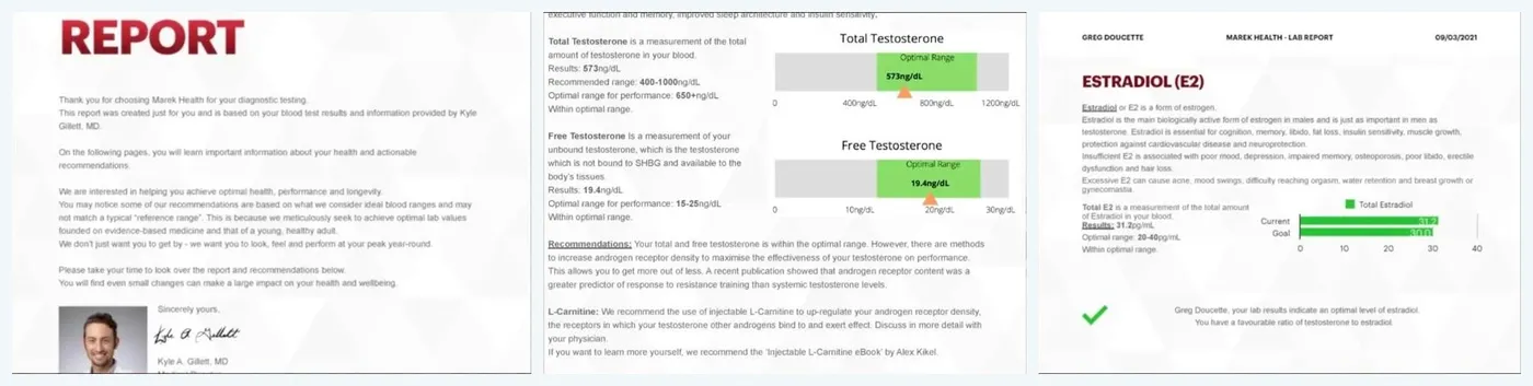 Pages from a Marek Health lab report: the cover letter from the reviewing physician, total and free testosterone plotted against Marek's optimal ranges with recommendations, and an estradiol page with the result against its goal